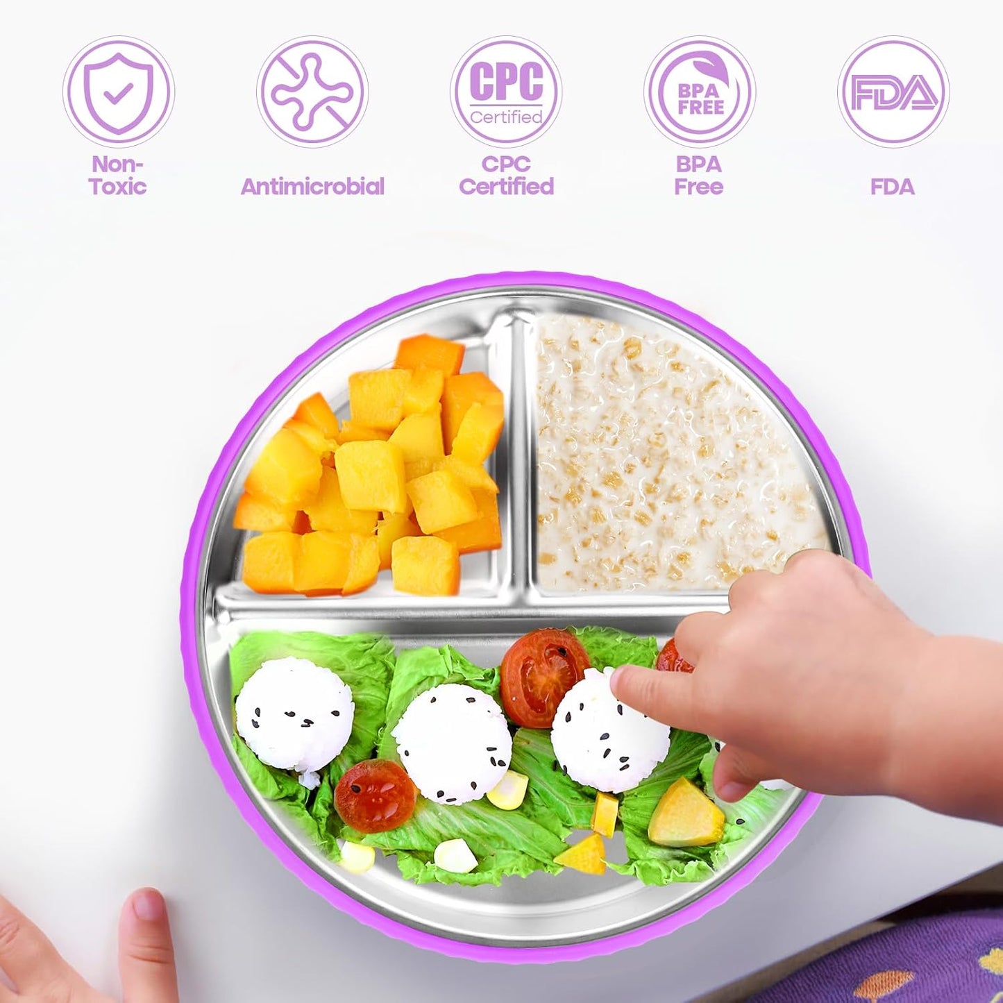 Stainless Steel Kids Plates with Suction, 2Pack 9" Divided Toddler Plates Removable Non Slip Silicone Sleeves Baby Feeding Led Weaning Supplies, BPA Free, Unbreakable Dishwasher Safe