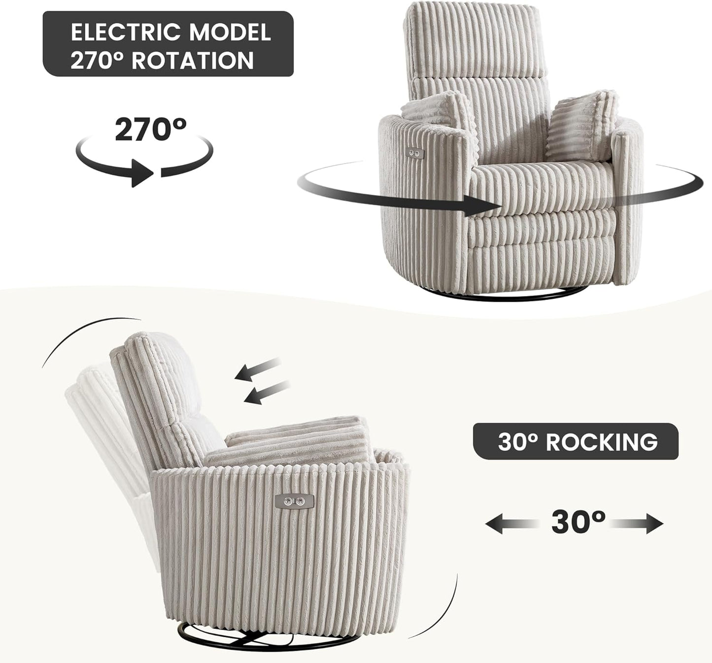 Power Recliner,Nursery Swivel Glider Rocking Chair with USB Port,Upholstered Adult Electric Recliner Rocking Chair with 2 Pillows for Living Room Bedroom (Beige Corduroy, Power-Driven)