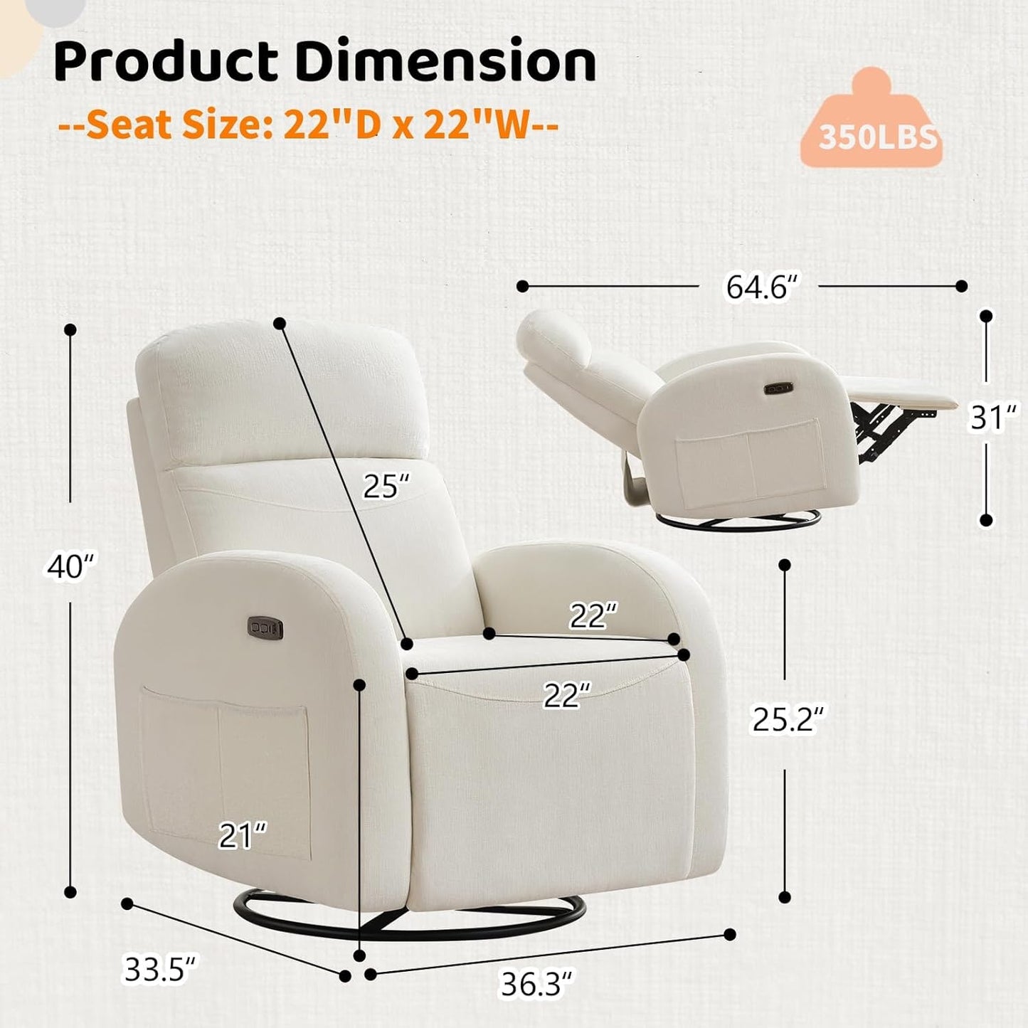Swivel Rocker Recliner Chair, Rocking Recliner for Nursery with Side Pockets, Manual Swivel Reclining Nursery Glider Chair for Breastfeeding Living Room, Camel Chenille