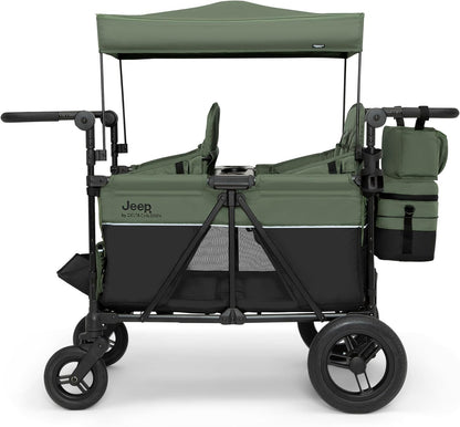 Jeep Wrangler Deluxe 4 Seater Stroller Wagon by Delta Children - Premium Quad Stroller Wagon for 4 Kids with Convertible Seats, Adjustable Push/Pull Handles, Removable Canopy & Flat Fold, Grey
