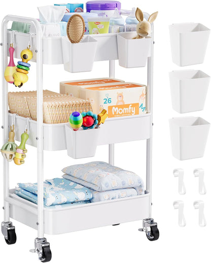 3 Tier Rolling Cart Metal with Lockable Wheels, Pink Three Tiered Diaper Caddy Cart Organizer on Wheels, Storage Utility Trolley Carts for Craft, Art, Nail, Lash, Baby Supplies, Cleaning, Mesh