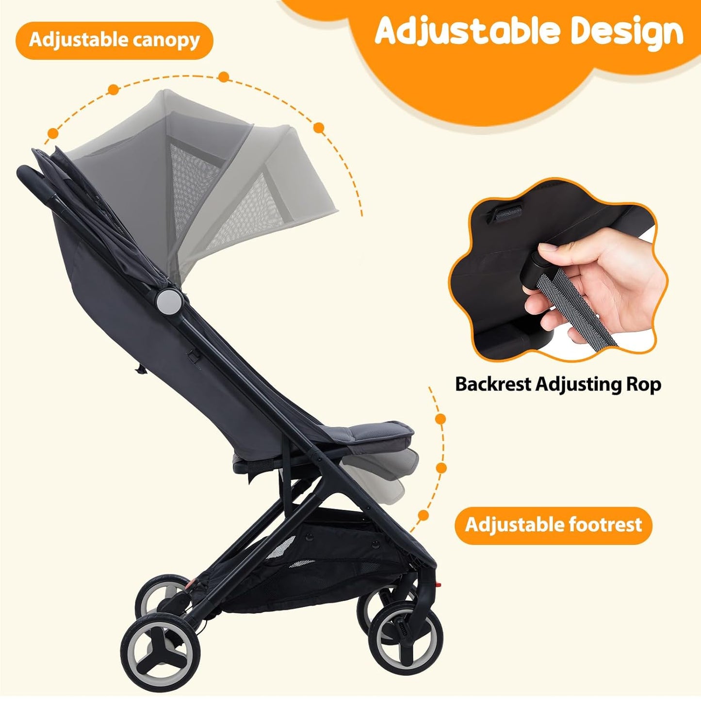 Lightweight Baby Stroller, Compact One-Hand Fold Travel Stroller Airplane Friendly, Reclining Infant Stroller with 5-Point Harness & Adjustable Canopy, All-Terrain Stroller for Toddlers 6-36 Months