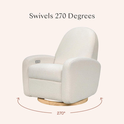 Babyletto Nami Electronic Power Recliner and Swivel Glider with USB Port in Ivory Boucle with Light Wood Base, Greenguard Gold and CertiPUR-US Certified