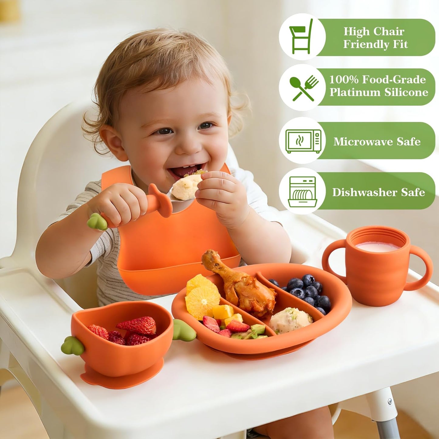 Carrot Shape Silicone Baby Feeding 6 Pack Set, 1 Suction Bowl & Plate, Bib, Spoon, Fork, Cup (Bowl with Spoon and Fork)