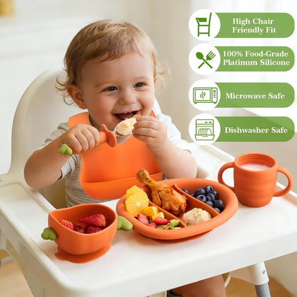 Carrot Shape Silicone Baby Feeding 6 Pack Set, 1 Suction Bowl & Plate, Bib, Spoon, Fork, Cup (Bowl with Spoon and Fork)