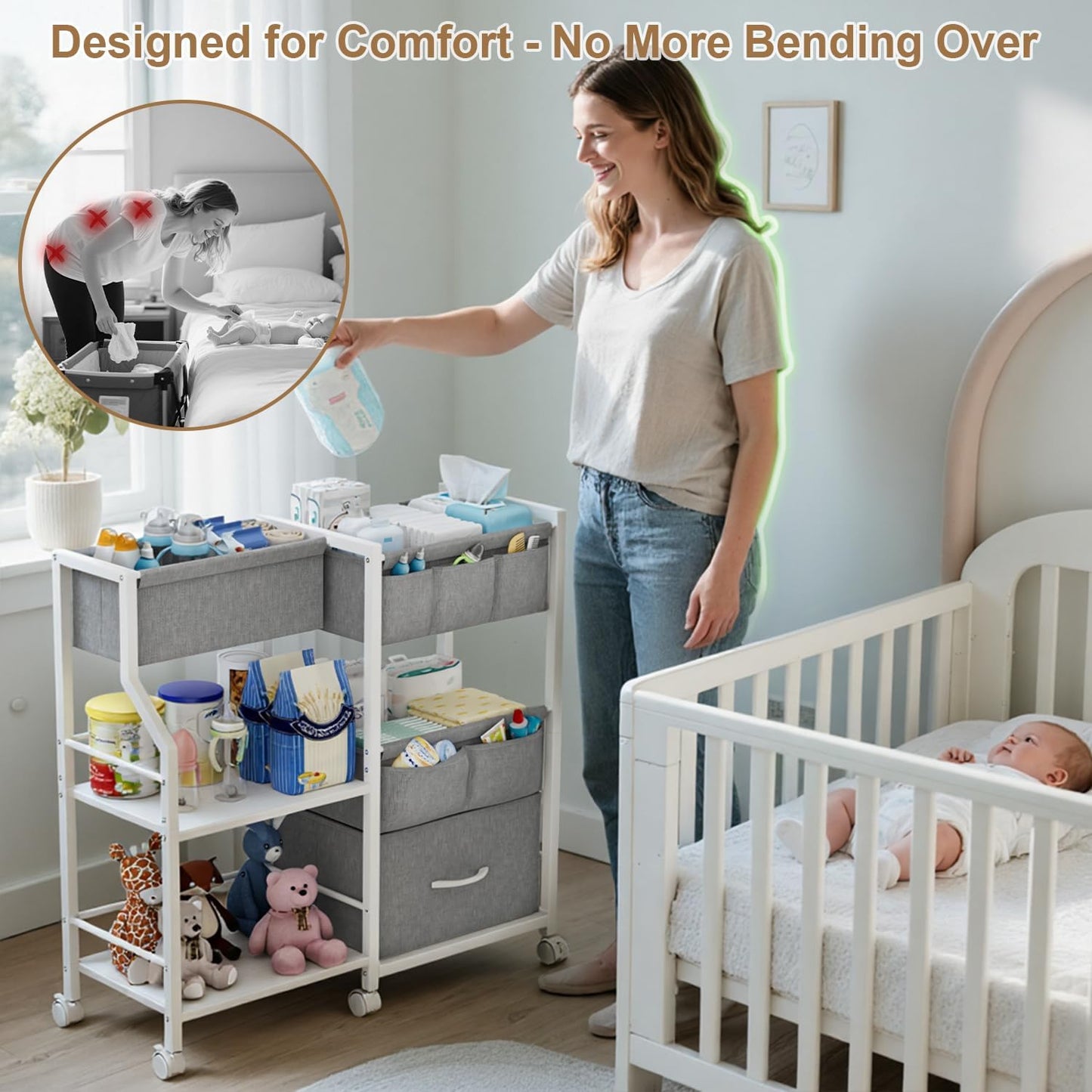 Baby Diaper Caddy Organizer and Storage, 3 Tier Rolling Cart with Dividers and Drawers, Mobile Utility Cart with Wheels for Nursery, Bedroom, Baby Newborn Essentials Storage Cart, White