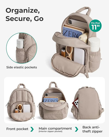 BAGSMART Mini Backpack for Women, Lightweight Puffer Small Backpack Purse, Quilted Casual Travel Daypack, Cute Water-Resistant Bookbag for Daily, Coffee Brown