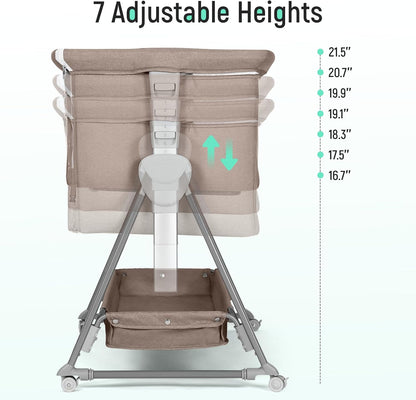 Cowiewie Bassinet Bedside Sleeper, Baby Bassinet with 7 Adjustable Height, Bedside Bassinet for Baby with Storage, Breathable Mesh & Mattress, Portable Bassinet Easy Folding (Pyramid Light Gray)