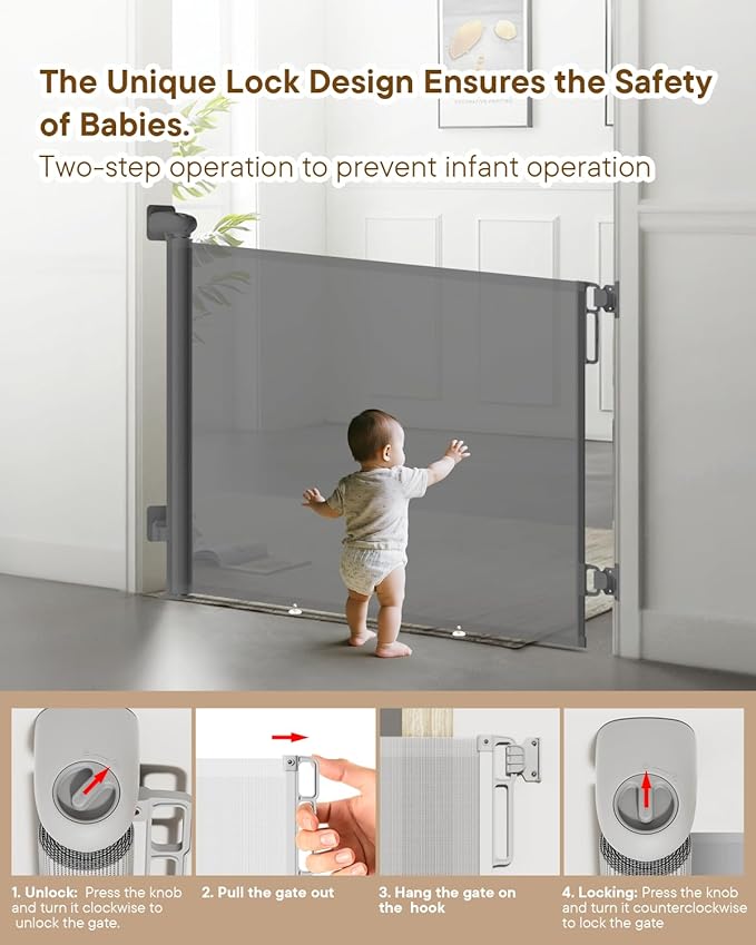 Retractable Baby Gate for Stairs – 34" Height, Expands up to 71" Width, Safety Gate for Infants, Toddlers, Dogs & Pets, Easy Install, Gray Puppy Gate for Indoor & Outdoor Use, Gray