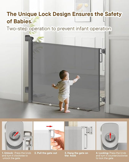 Retractable Baby Gate for Stairs – 34" Height, Expands up to 71" Width, Safety Gate for Infants, Toddlers, Dogs & Pets, Easy Install, Gray Puppy Gate for Indoor & Outdoor Use, Gray