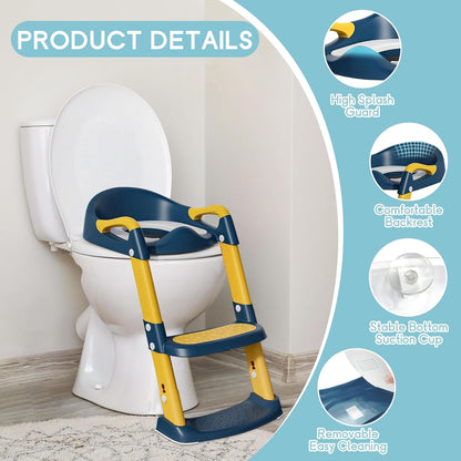 COOSEYA Potty Training Toilet with Step Stool Ladder, Toddler Kids Potty Training Seat for Boys Girls, Foldable Anti-Slip Toilet Toddler Seat Splash Guard Soft Cushion Safety Handles (Grey)