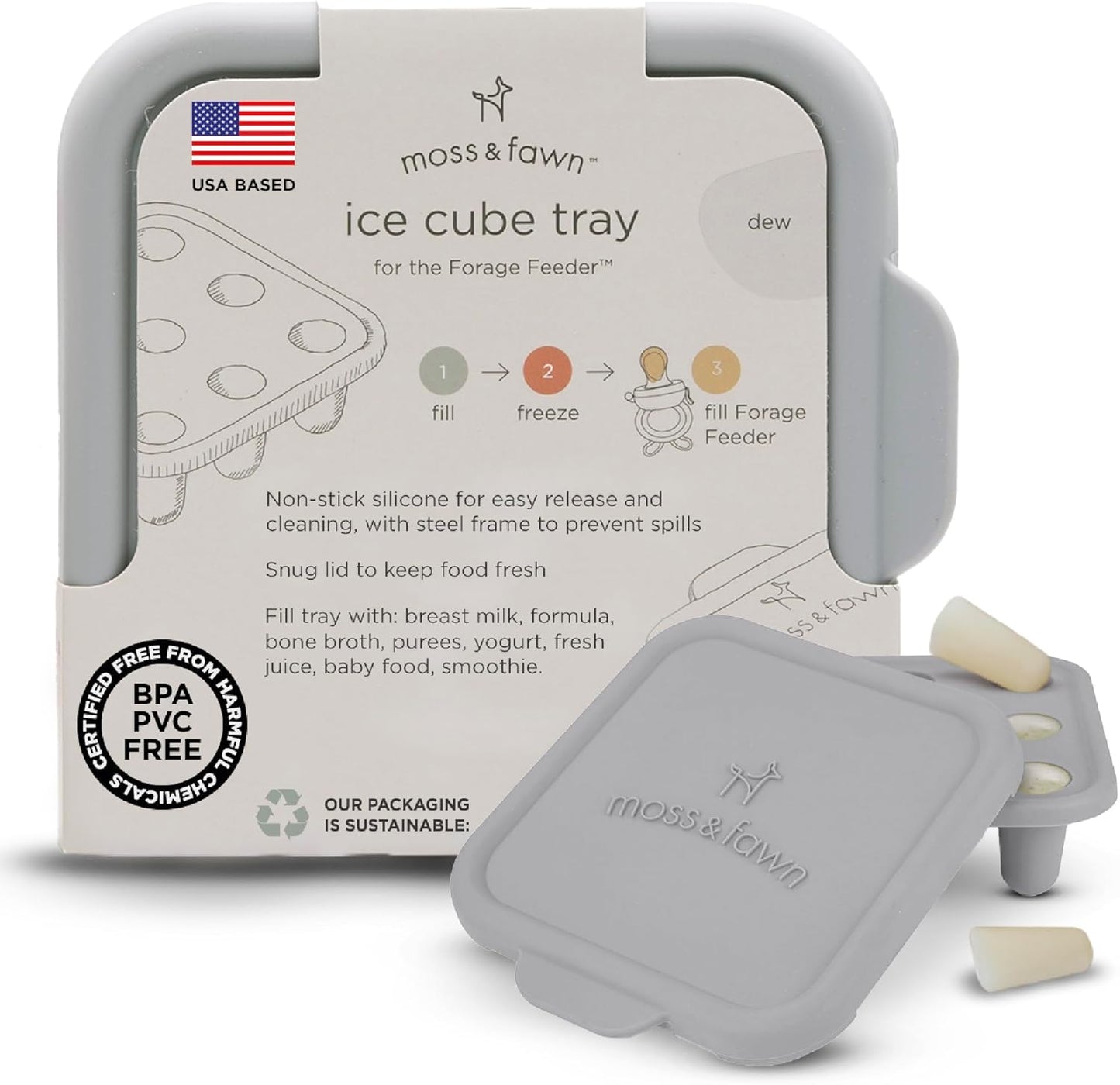 Moss and Fawn Ice Cube Tray - Forage Feeder Freezer & Teething Popsicle Mold for Breast Milk, Formula, Bone Broth, Purees, & Baby Food - BPA, Lead, & PVC-Free - Fern