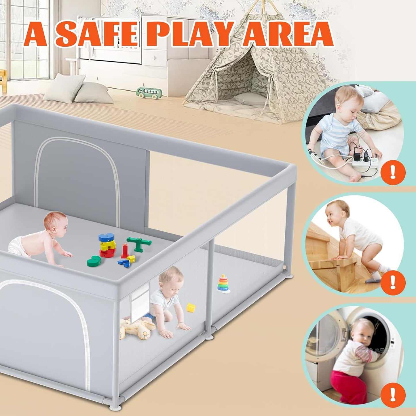 XVISHX 65 x 50 Inch Baby Playpen, Playpen for Babies and Toddlers, Baby Play Pen Playard for Indoor & Outdoor Active Center Game Fence, with Skin-Friendly Fabric and Soft Breathable Mesh, Grey