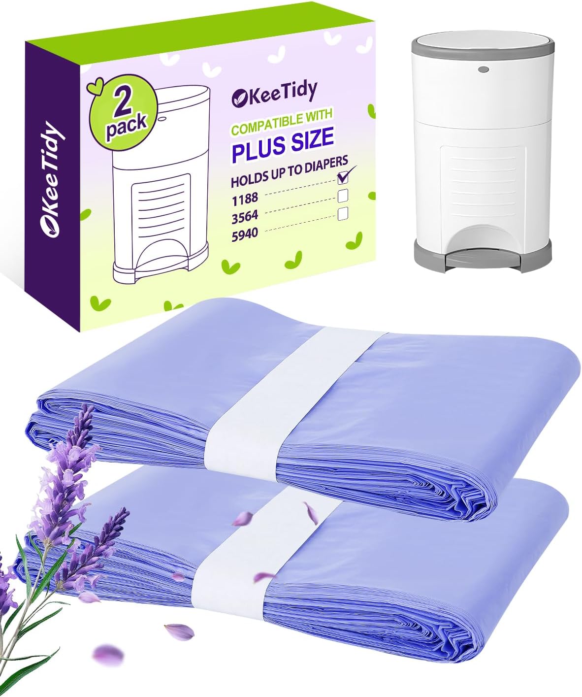 Diaper Pail Refill Bags Compatible with DEKOR PLUS Diaper Pails, 20% Extra Length Diaper Bags Disposable with Lavender Flavor, Holds up to 5940 Diapers, 10 Pack