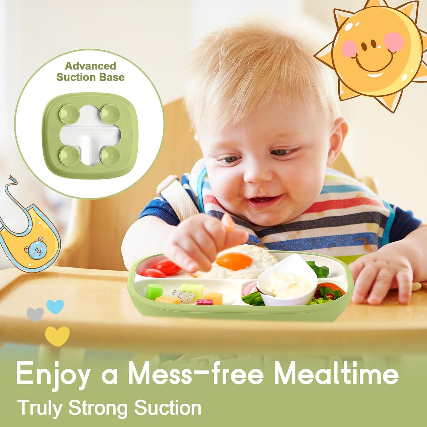 Domensi Kids Porcelain Plates with Silicone Sleeves 8.2 Inch Divided Porcelain Plate Toddler White Suction Dishes for Baby Troubleless Eating Microwave Dishwasher Safe(Stylish,3 Set)