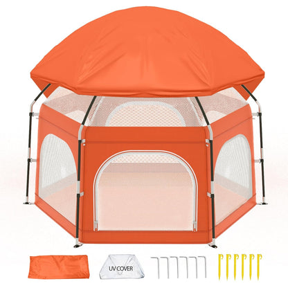 Baby Playpen with Canopy, Portable Outdoor & Indoor Baby Beach Tent for Babies and Toddlers, Foldable Play Yard with Mosquito Net, Travel Play Yard Includes Sand Stakes & Carry Bag