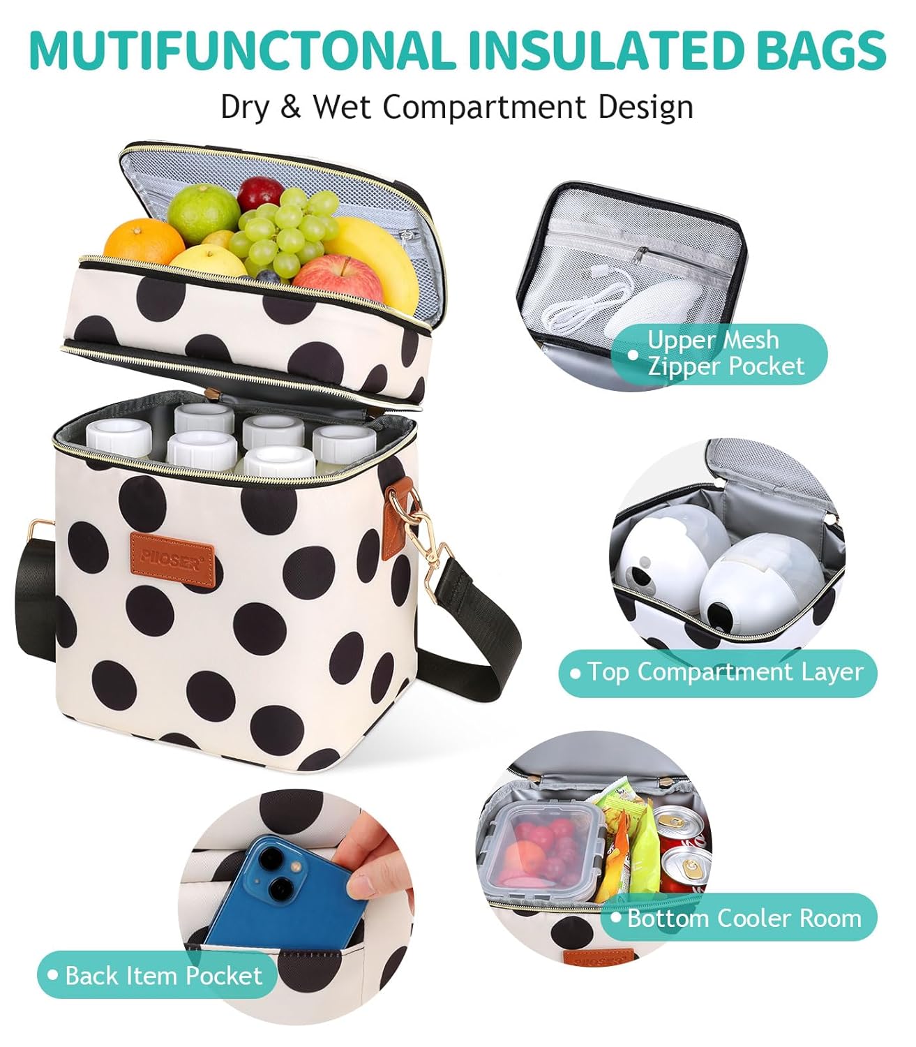 PIIOSER Breastmilk Cooler Bag with Ice Pack Fits 6 Baby Bottles Up to 9 Ounce, Insulated Baby Bottle Tote Bags, Double Layer Waterproof Leak-Proof with Shoulder Strap for Nursing & Working Mom (Grey)