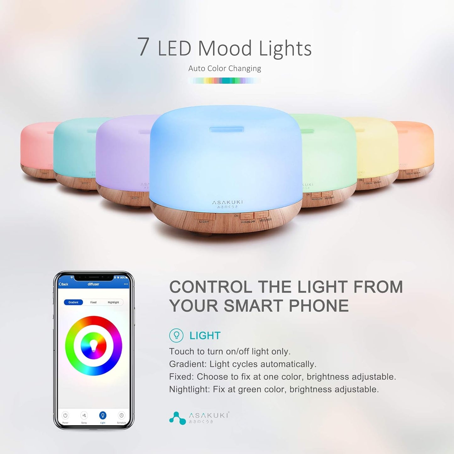 ASAKUKI Essential Oil Diffuser for Home, 500ML Aromatherapy Diffuser Humidifier with Remote Control, 7 Color LED Lights, Quiet Cool Mist Diffuser for Bedroom, Office, Gift for Mom (Yellow)