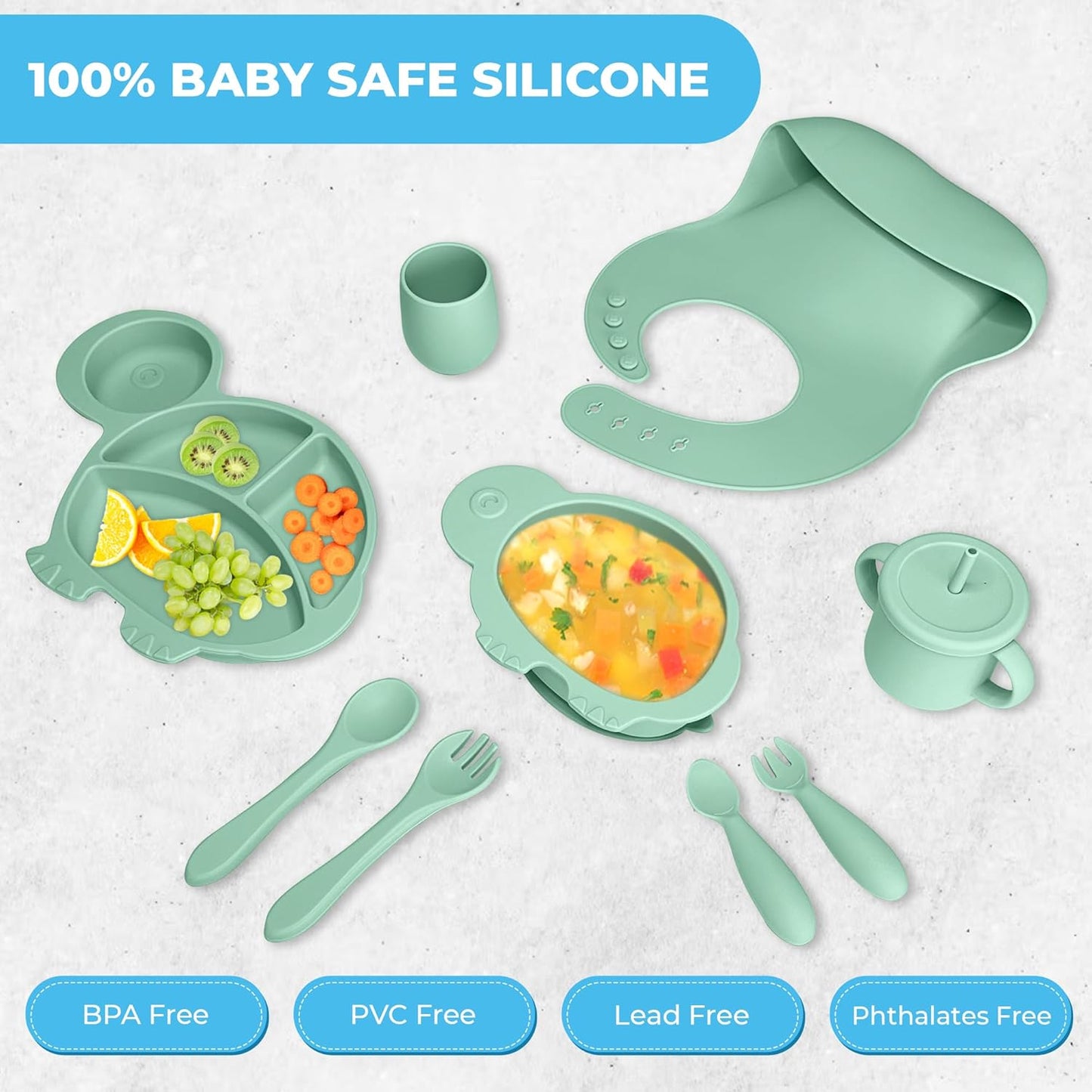 Silicone Baby Feeding Set - 9 Pieces - First Stage Solid Food Eating Baby Utensils - 6+ Months - Crab Shape