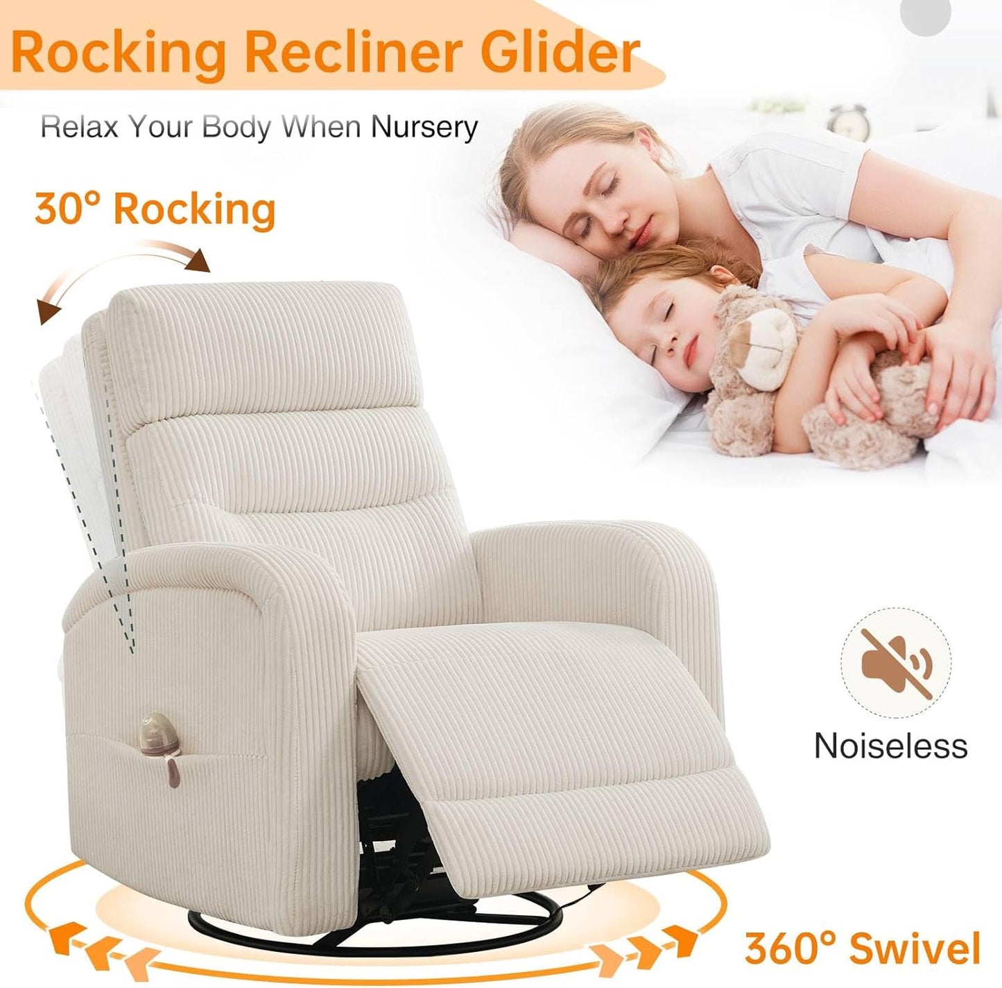 Power Swivel Rocker Recliner Chair for Nursery, Swivel Reclining Rocking Chairs, Electric Glider for Living Room, Upholstered Recliner Chairs for Bedroom, Corduroy White