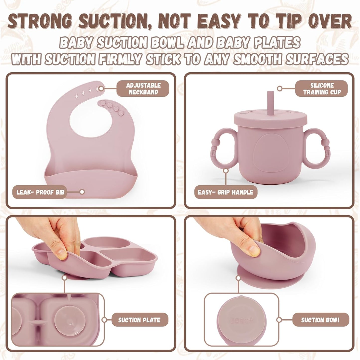 Silicone Baby Feeding Set, Baby Led Weaning Supplies, Baby Food Tableware Silicone Suction Plate, Bowl, Spoons, Fork, Waterproof Bib, Cup & Complementary Food Cake Mold, Baby Eating Utensils
