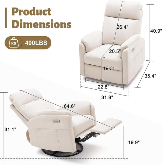 Power Glider Recliner Nursery Rocking Chair with USB Ports, Glider Chair with Lumbar Pillow for Living Room, Glider Swivel Recliner Chair for Nursery(Beige)