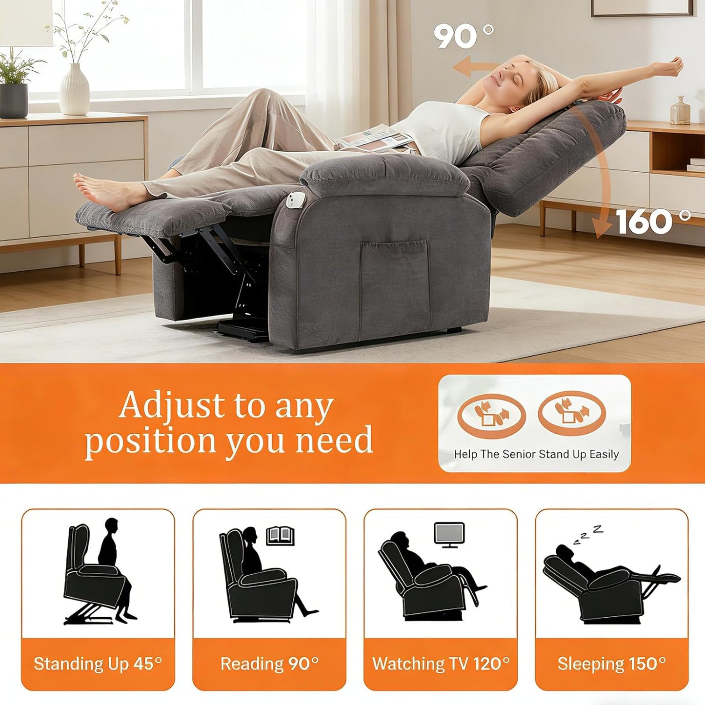 Power Lift Recliner Chair for Adult with Heated and Full Body Massage, Glider Nursery Chair with Cup Holder and USB Charge Port, Oversided Swivel Rocker Recliner for Living/Study/Bedroom Room, Grey