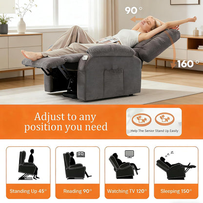 Power Lift Recliner Chair for Adult with Heated and Full Body Massage, Glider Nursery Chair with Cup Holder and USB Charge Port, Oversided Swivel Rocker Recliner for Living/Study/Bedroom Room, Grey
