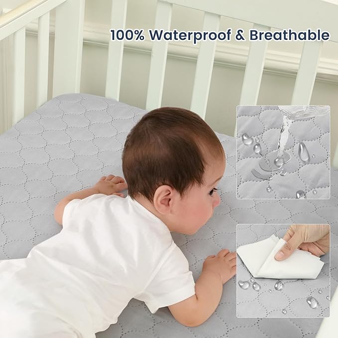 david's kids 2 Pack 38''x25'' Waterproof Mini Crib Mattress Protector, Fitted Pack N Play, Playard and Mini Crib Mattresses, Ultra Soft Breathable Pad Cover for Boys Girls Neutral, Grey & Sage Green