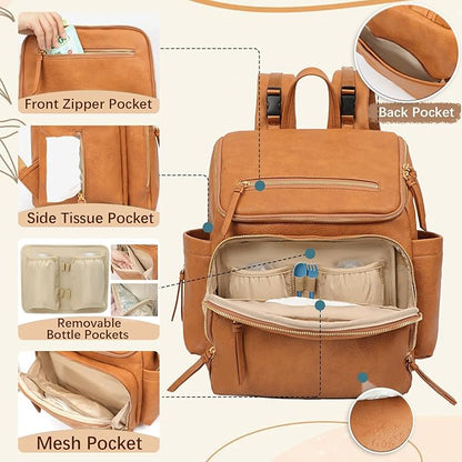 Omanmoli Diaper Bag Backpack Large Baby Diaper Bag Leather with 17 Diaper Bag Organizing Pouches,Changing Pad,Stroller Straps,4 Insulated Pockets,Honey