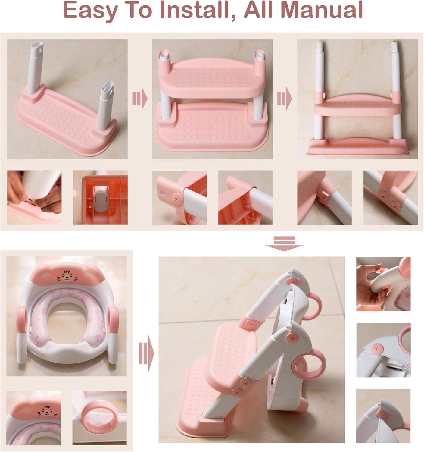 Potty Training Seat, Cute Tiger Design Elements, Foldable Toilet Seat with Soft Cushion, Suitable for Both Boys and Girls, with Splash Guard Anti-Slip Pad Step Stool(Pink)