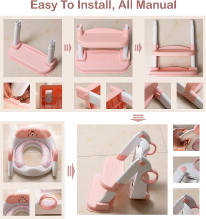 Potty Training Seat, Cute Tiger Design Elements, Foldable Toilet Seat with Soft Cushion, Suitable for Both Boys and Girls, with Splash Guard Anti-Slip Pad Step Stool(Pink)