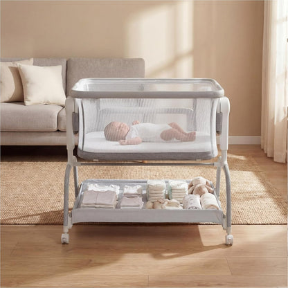 3 in 1 Baby Bassinet,Rocking Bassinets Bedside Sleeper with 6 Adjustable Heights,Breathable Full-Mesh,Comfortable Mattress & Lockable Wheels,Stable Rolling Portable Crib for Newborns(Gray) | Breathable Full Mesh, V-Shaped Structure