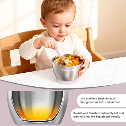Greentainer Stainless Steel Baby Bowl Set of 3, Double Wall Insulated, Unbreakable Toddler Bowls with Removable Silicone Suction Base, Non-Slip, Dishwasher Safe, BPA-Free for Infants 6+ Months (Green)