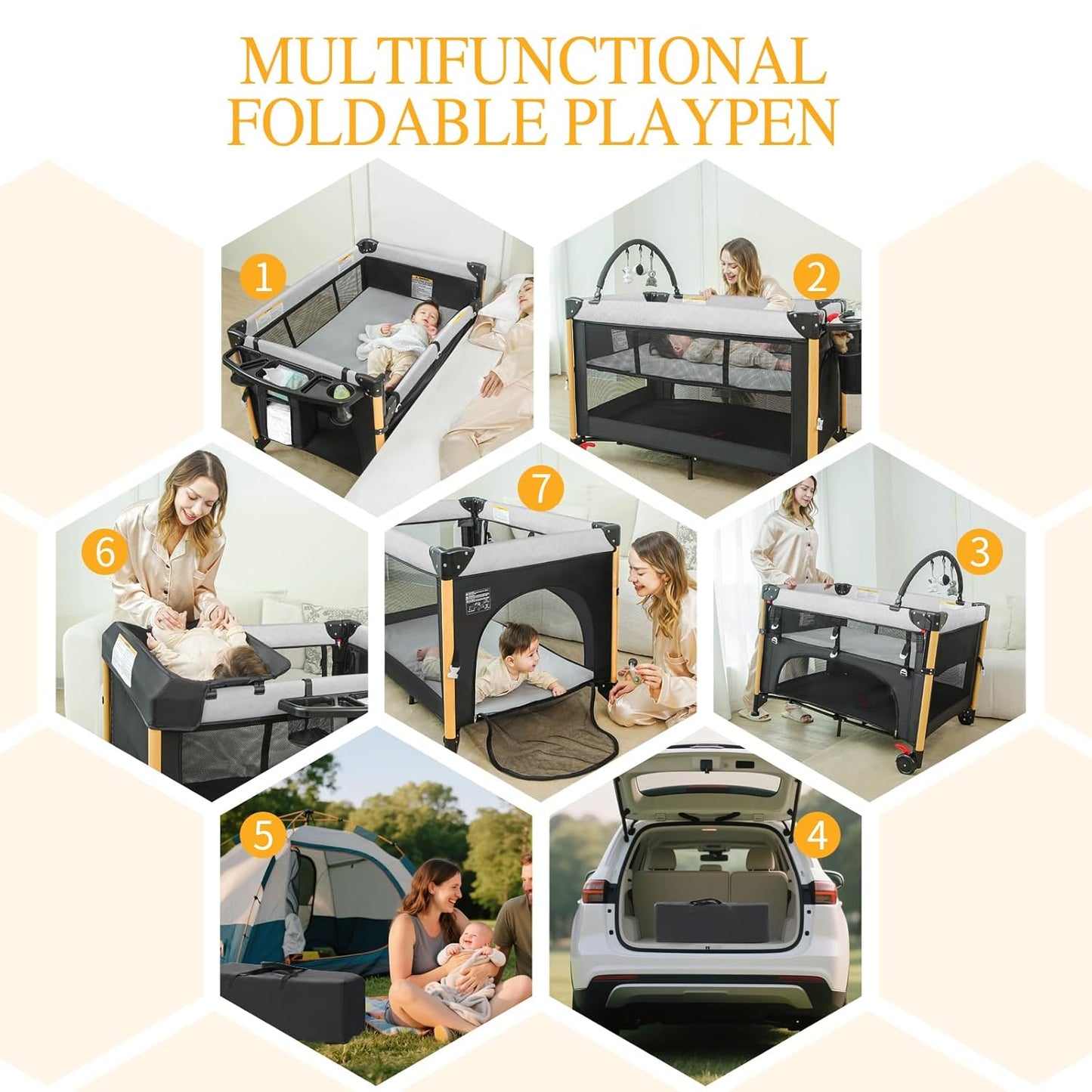 Baby Bassinet Bedside Crib with One-Hand Setup 5-in-1 Foldable Pack n Play for Travel, Portable Baby Bassinet with Diaper Changer & Adjustable Mattress for Newborn to Toddler (Grey)