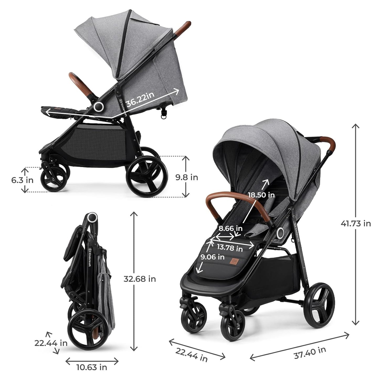 Kinderkraft Grande Plus Kinderkraft Buggy from Birth to 48.5 lb, one-Hand Folding, Reclining Position, Large Canopy with Window, All 4 Wheels dampened, Spacious seat, Black