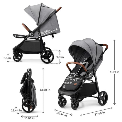 Kinderkraft Grande Plus Kinderkraft Buggy from Birth to 48.5 lb, one-Hand Folding, Reclining Position, Large Canopy with Window, All 4 Wheels dampened, Spacious seat, Black