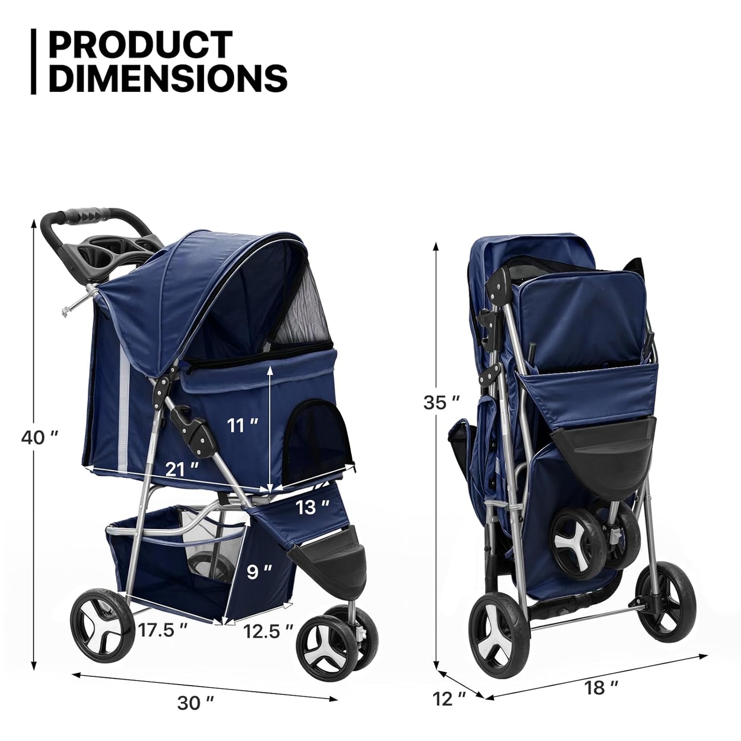 MoNiBloom Foldable Pet Stroller with Weather Cover, 3 Wheels Pet Strolling Cart for Small/Medium Dogs and Cats with Storage Basket and Cup Holder, Breathable and Visible Mesh for All-Season, Black