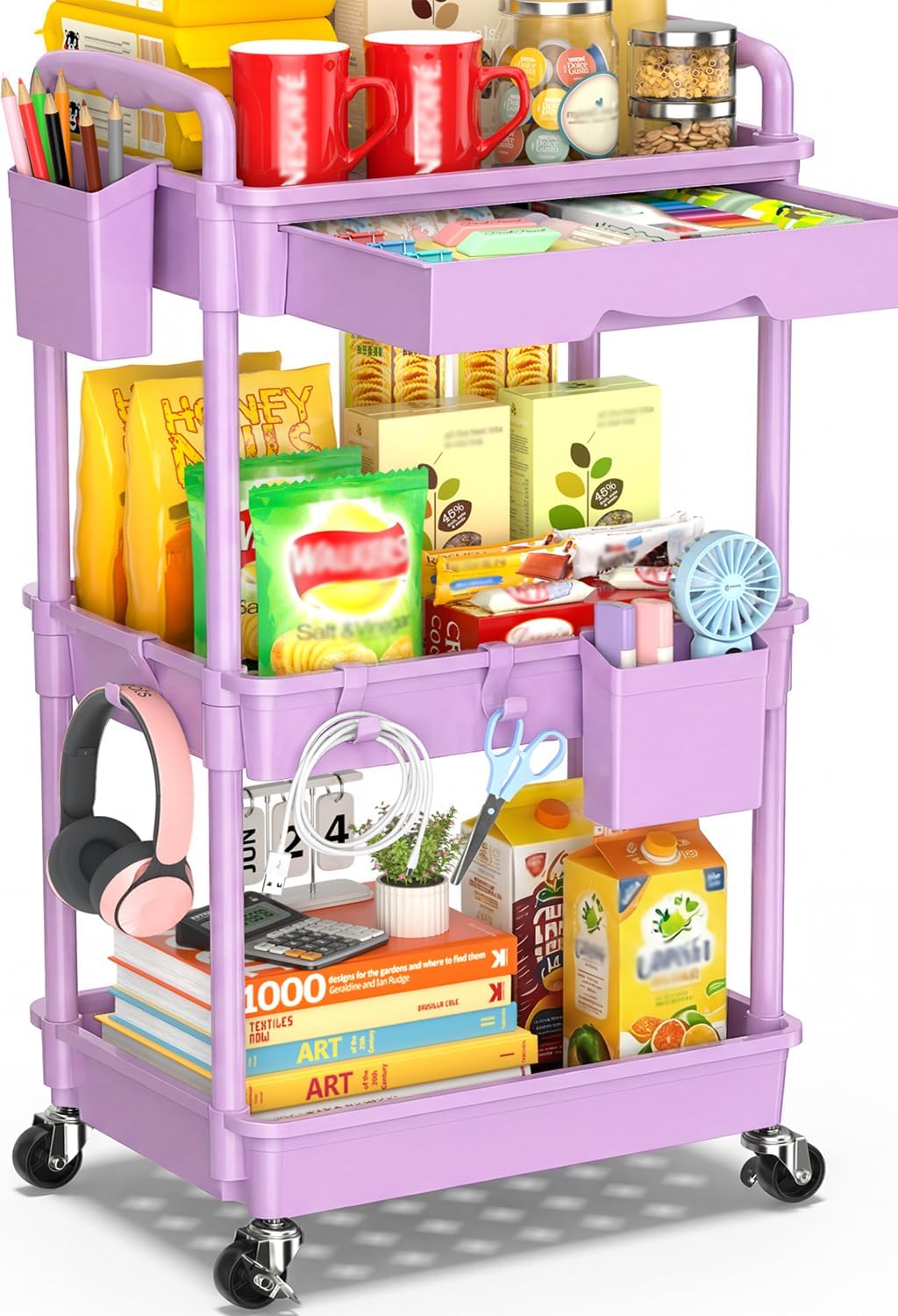 SUNALLY 3 Tier Rolling Cart with Drawer, Bathroom Storage Organizer with 2 Lockable Wheels, Multifunctional Rolling Storage Cart for Bathroom, Kitchen, Office, Craft, Makeup, Baby Essentials, White