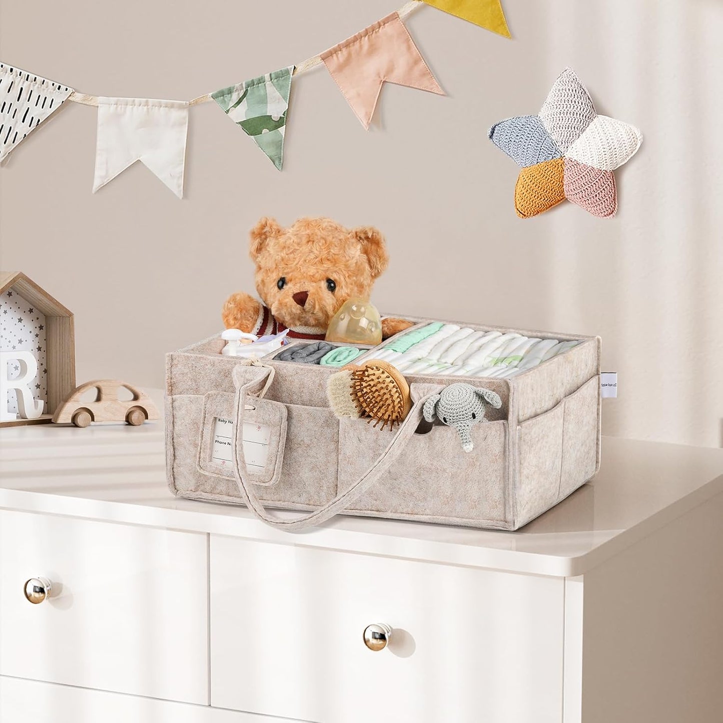 GEMII Diaper Caddy Organizer-Large Baby Caddy Organizer with Handle, Newborn Registry Essentials, Baby Shower Basket Gifts for Boys or Girls (Oatmeal, Large)