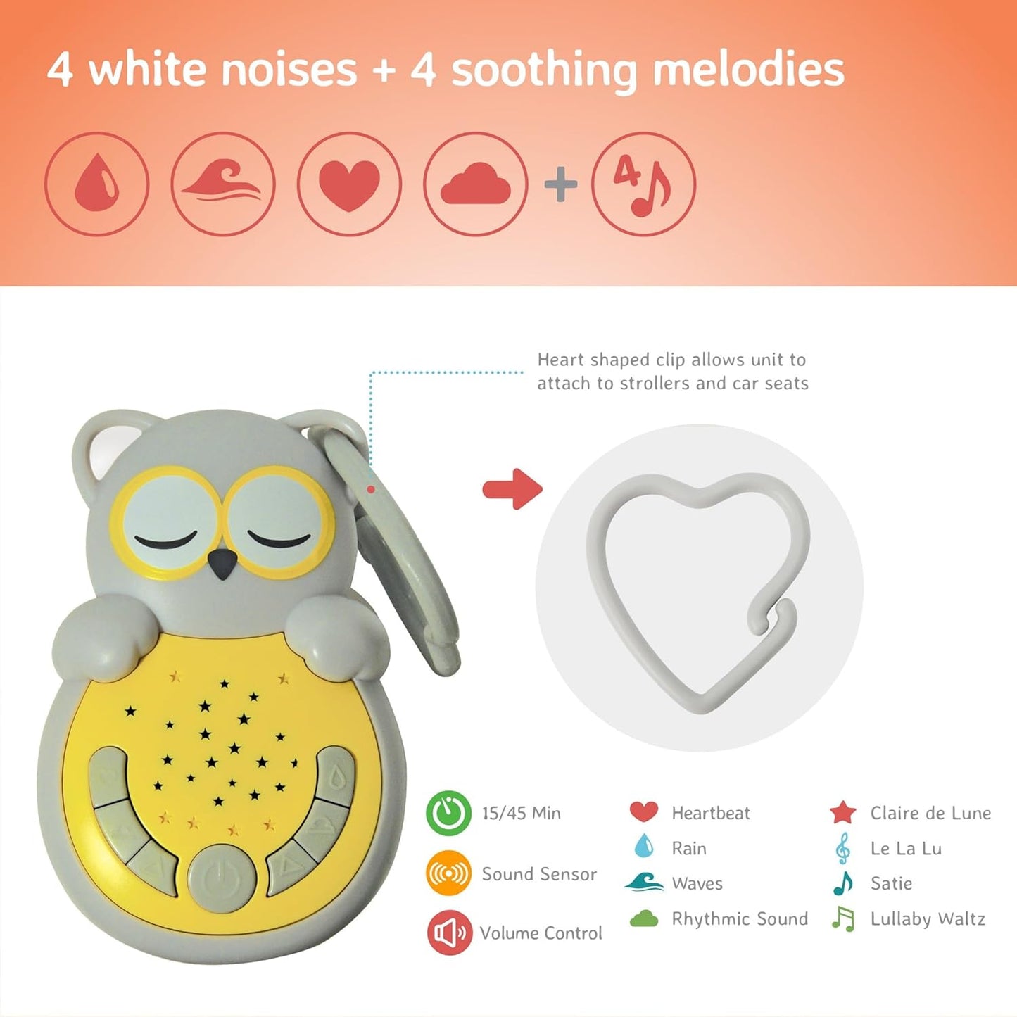 Cloud b Travel Comforting Sound Machine w/Calming Light | 4 White Noise and 4 Lullabies | Re-Activating Smart Sensor | Sweet Dreamz On the Go™ - Fox