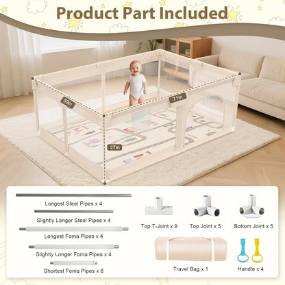 Baby Playpen with Mat 79x71inch - Extra Large Play Pen for Babies and Toddlers Indoor & Outdoor Baby Playard with Soft Breathable Mesh Cover - Sturdy Foam Infant Gate Playpen(Apricot)