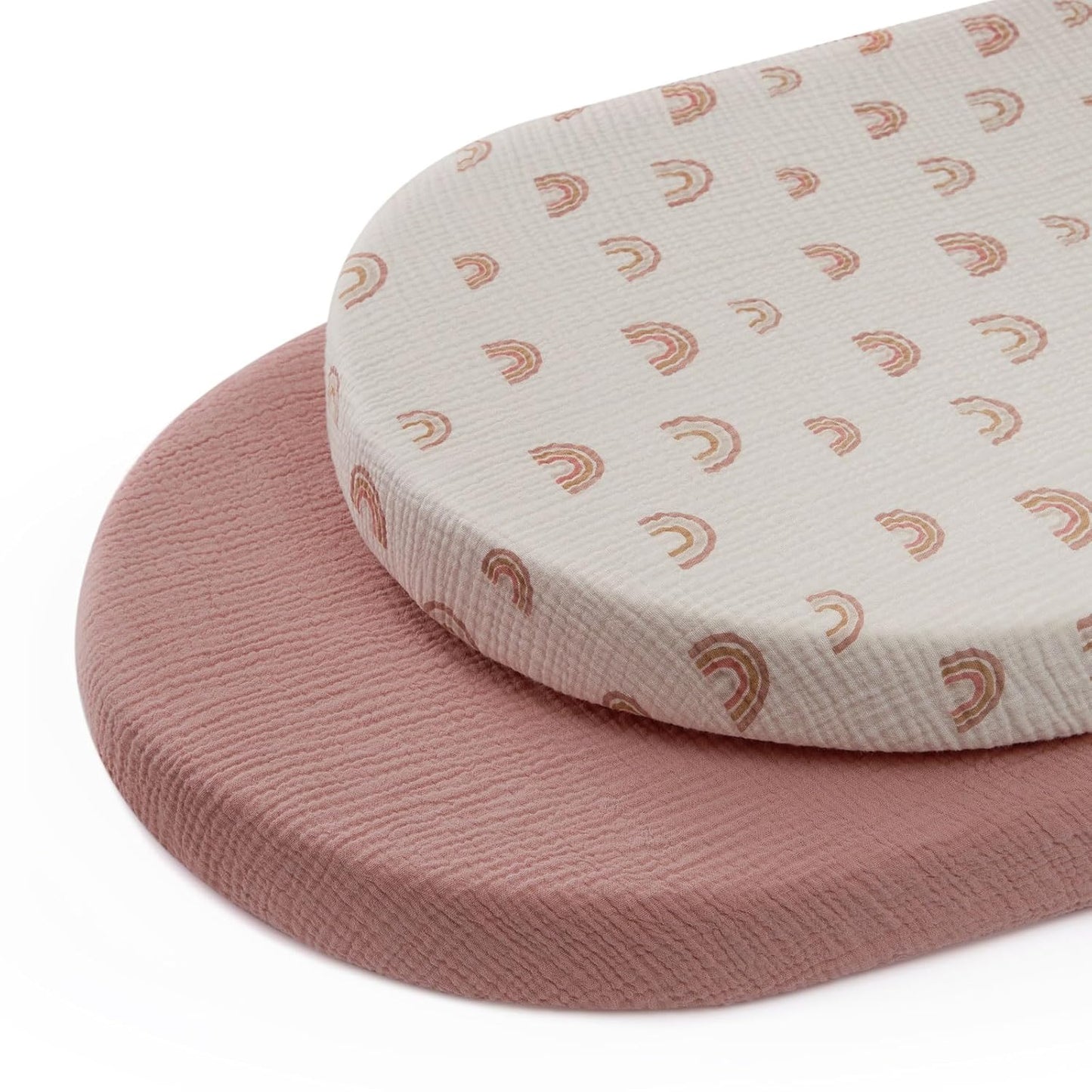 Blissful Diary Muslin Bassinet Sheets for Baby Girls Boys, Boho Soft Cotton Fitted for Oval Hourglass Rectangle Mattress, 2 Pack(Sunshine&Brown)