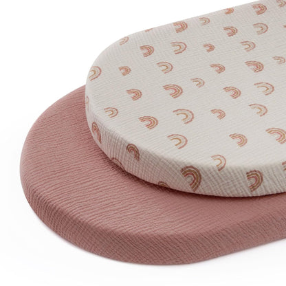 Blissful Diary Muslin Bassinet Sheets for Baby Girls Boys, Boho Soft Cotton Fitted for Oval Hourglass Rectangle Mattress, 2 Pack(Sunshine&Brown)