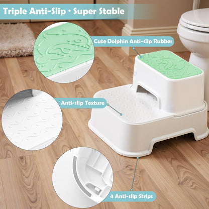 2-Step Toddler Step Stool, Non Slip Kids Step Stool for Bathroom Sink & Toilet Potty Training, Sturdy Stable Base, 10”Height Supports 220 lbs (2Packs White)