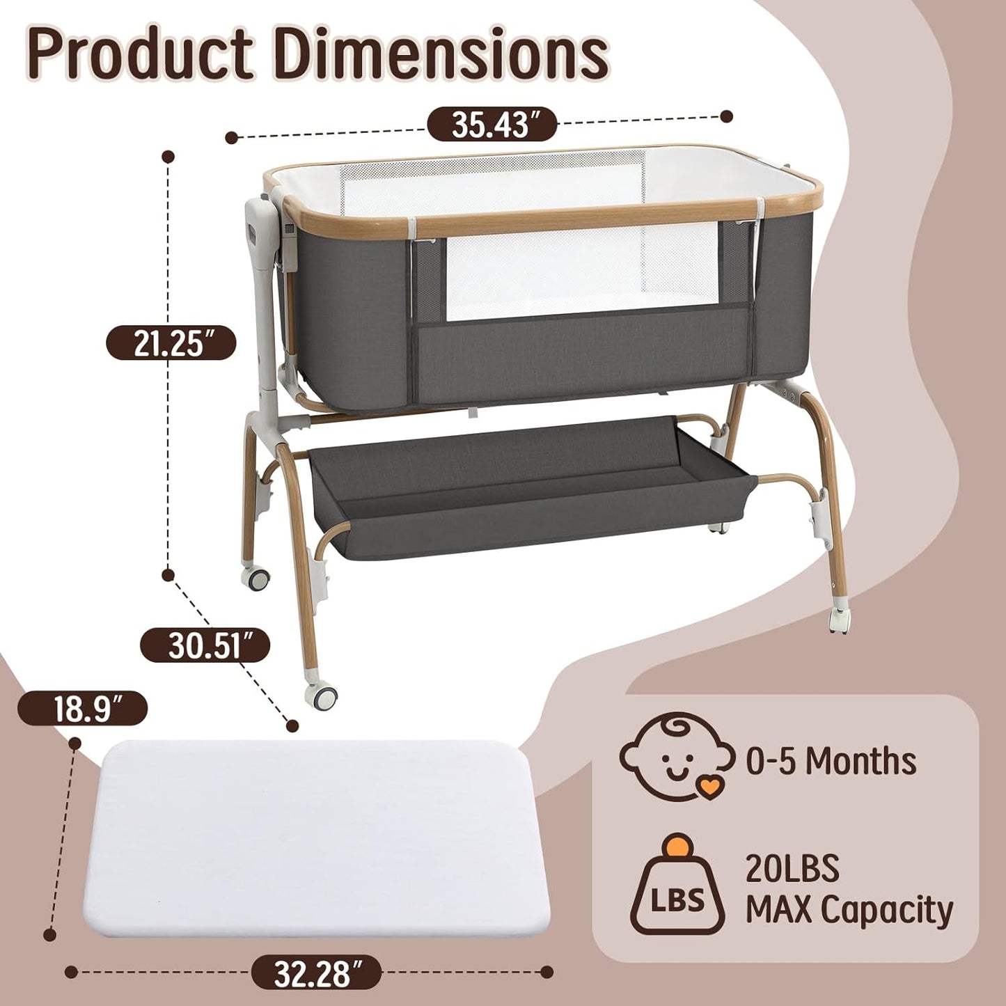 Rocking Baby Bassinet Bedside Sleeper, Detachable Portable Bassinet & Adjustable Crib with 8 Heights, Breathable Mesh, Storage Basket & Mobile Toy for Newborns to Toddlers(Oatmeal)