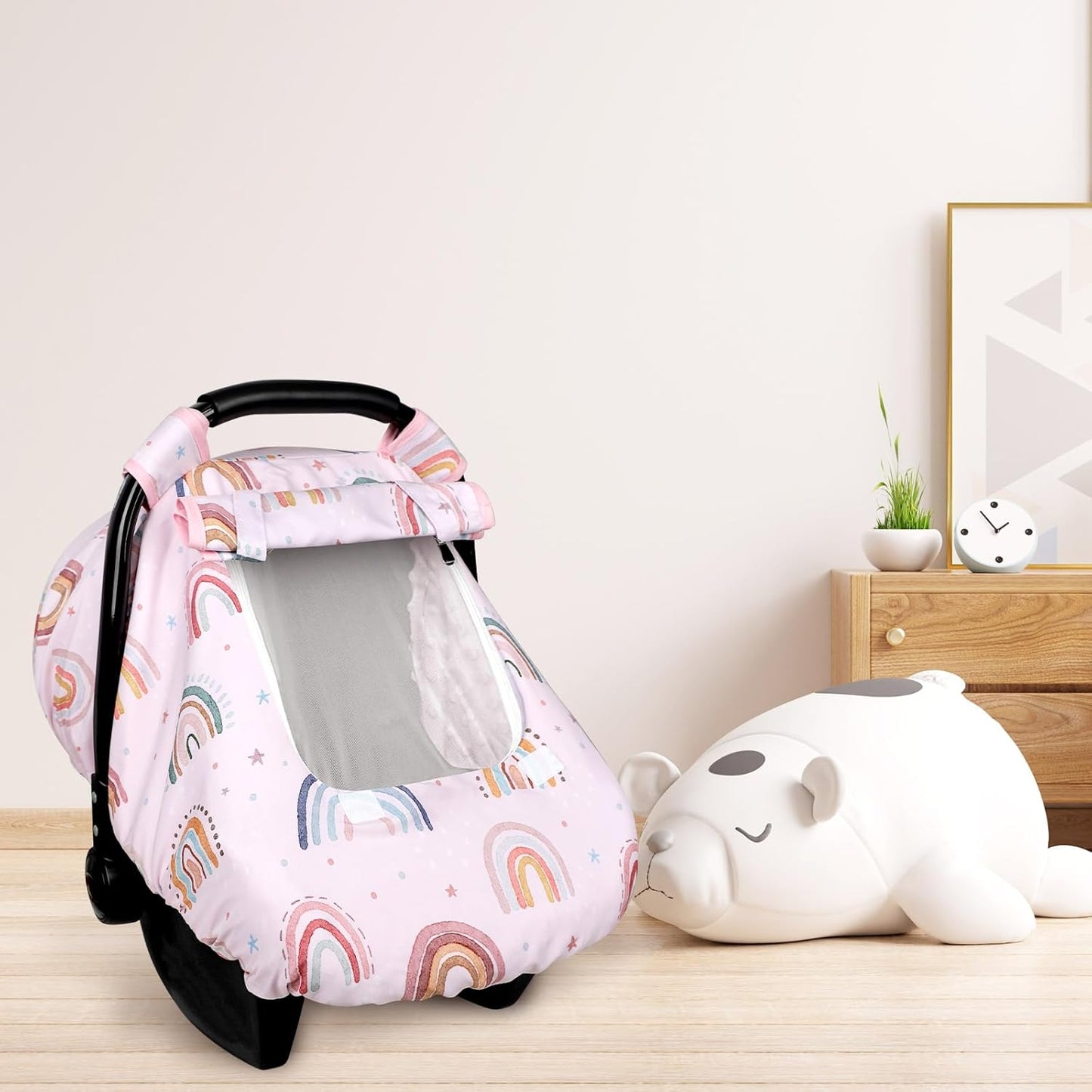 Car Seat Cover Baby Girl, Warm Winter Carseat Cover for Baby, Kick-Proof Infant Car Seat Cover with Peep Window, Windproof & Cozy, Pink Rainbow