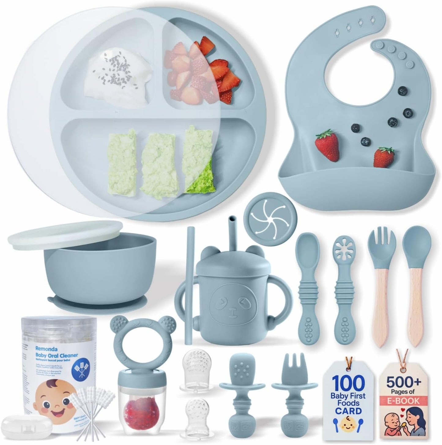 Remonda 23-Piece BPA-Free Silicone Baby Feeding Set | Extra Large Suction Plates, Toddler Bowls, Self Feeding Spoons, and More | Dishwasher Safe| Baby Led Weaning Supplies (Green）01