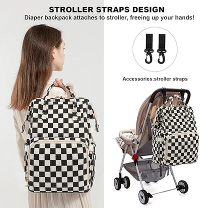 Baby Diaper Bag Backpack for Mom, Large Capacity Travel Nappy Bag for Boys & Girls with Stroller Straps (Corduroy Checkered Black)