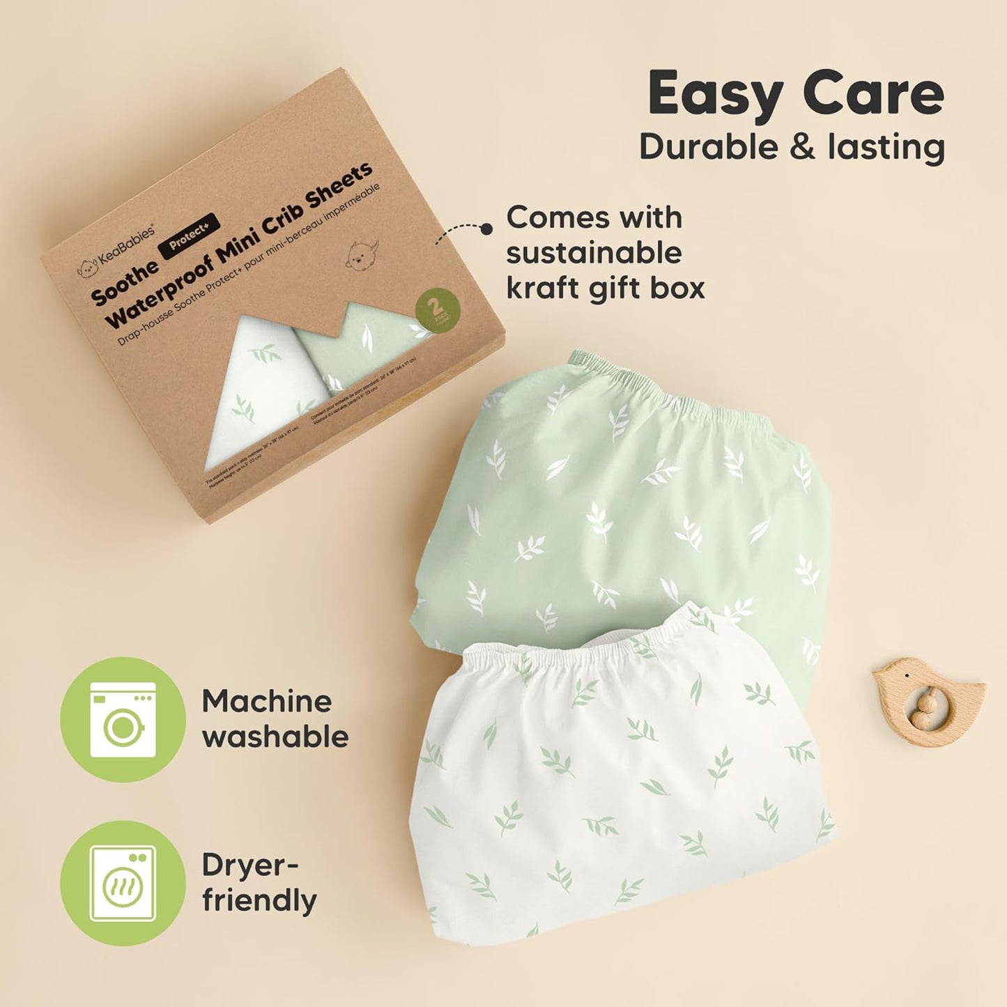 2 Pack and Play Sheets, Waterproof Mini Crib Sheets Fitted - 38x26 Organic Cotton Pack N Play Sheets for Graco Pack and Play Mattress, Playard Baby Crib Sheets,Neutral for Boy,Girl,Toddler(KeaSafari)